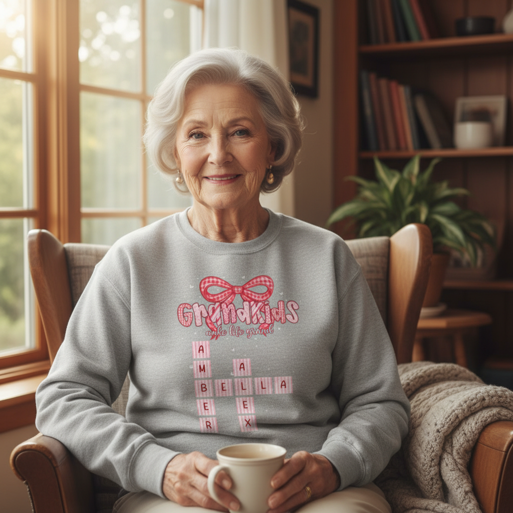 Grandkids Make Life Grand Preppy Valentine Pattern Crossword Puzzle Art - Personalized Sweatshirt - Valentine's Day Gift For Grandma