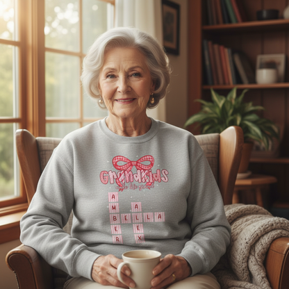 Grandkids Make Life Grand Preppy Valentine Pattern Crossword Puzzle Art - Personalized Sweatshirt - Valentine's Day Gift For Grandma