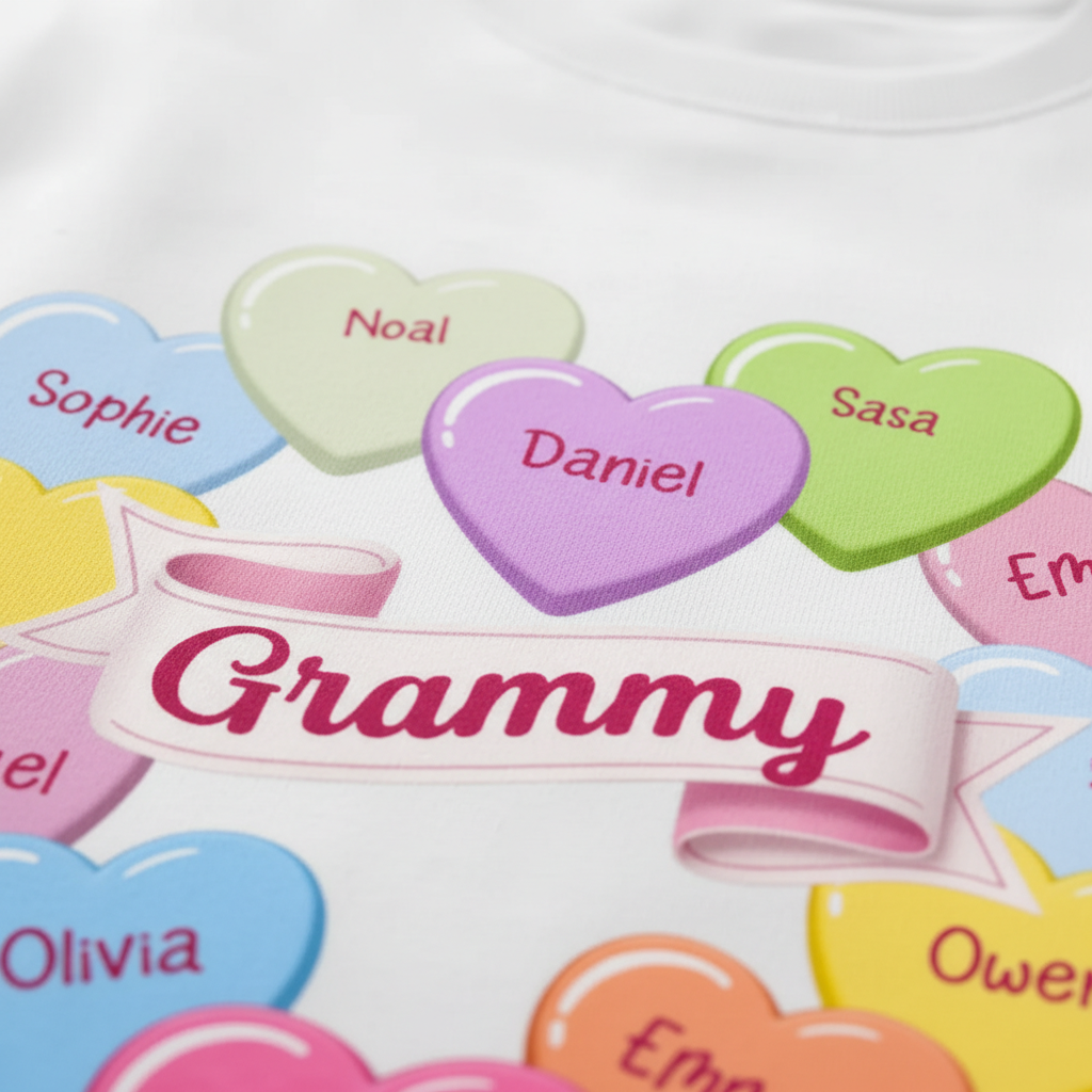 Grandma's Sweethearts Conversation Hearts Grandkids Names Valentine's Day - Personalized Basic T-Shirt