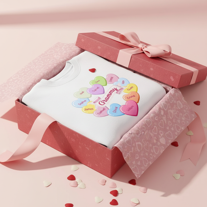 Grandma's Sweethearts Conversation Hearts Grandkids Names Valentine's Day - Personalized Basic T-Shirt