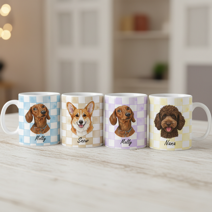 Custom Pet Portrait Checkered Mug – Hand-Drawn Style 3D Print Ceramic Cup
