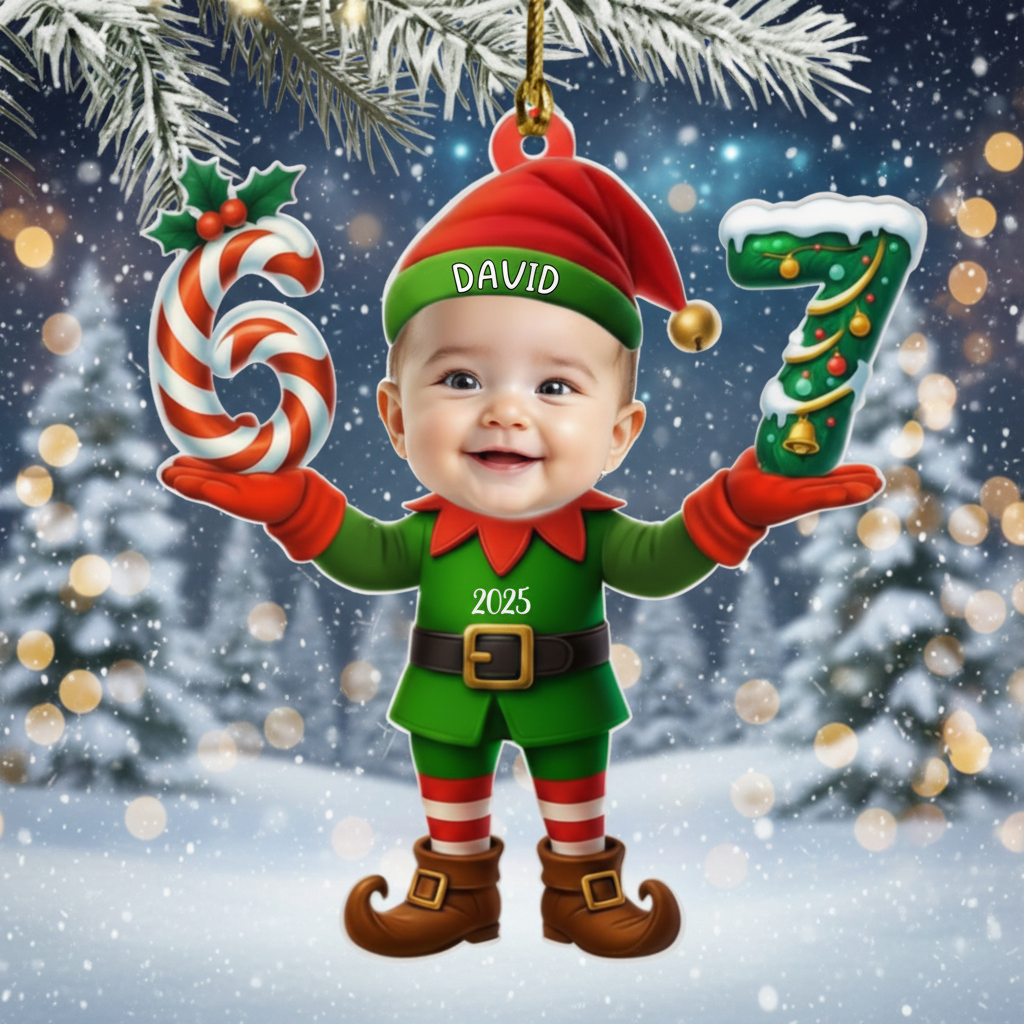Personalized Santa Elf Photo 67 Christmas Ornament – Custom Funny Face Acrylic Ornament, Six Seven Meme Holiday Decor, Trendy Gen Z Slang Gift