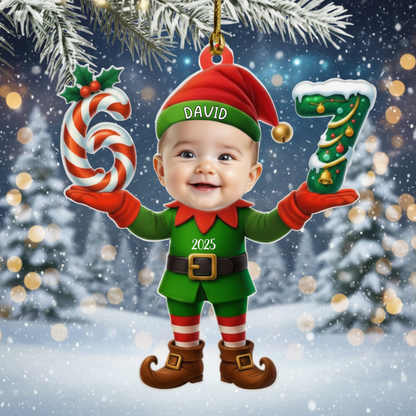 Personalized Santa Elf Photo 67 Christmas Ornament – Custom Funny Face Acrylic Ornament, Six Seven Meme Holiday Decor, Trendy Gen Z Slang Gift