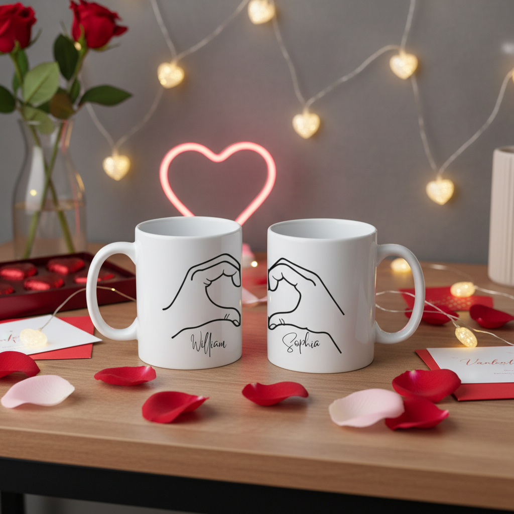 Personalized Matching Heart Hands Coffee Mug Set – Custom Name Couple Mugs for Anniversary, Valentine’s Day & Christmas Gifts
