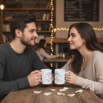 Personalized Matching Heart Hands Coffee Mug Set – Custom Name Couple Mugs for Anniversary, Valentine’s Day & Christmas Gifts
