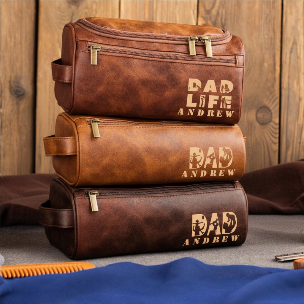 Engraved Leather Toiletry Bag for Dad – Custom Name “Dad Life” Edition