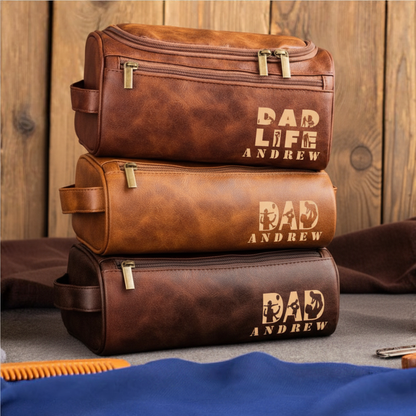 Engraved Leather Toiletry Bag for Dad – Custom Name “Dad Life” Edition