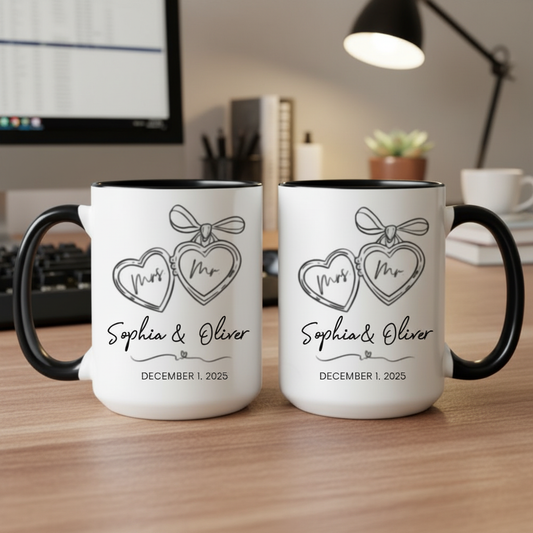 Personalized Mr & Mrs Engagement Mug – Custom Heart Locket Couple Gift for Bridal & Wedding Celebrations