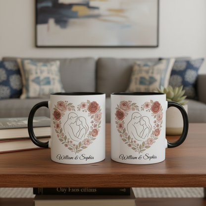 Personalized Floral Heart Couple Mug with Custom Name – Romantic Gift for Her on Valentine’s Day, Anniversary or Wedding