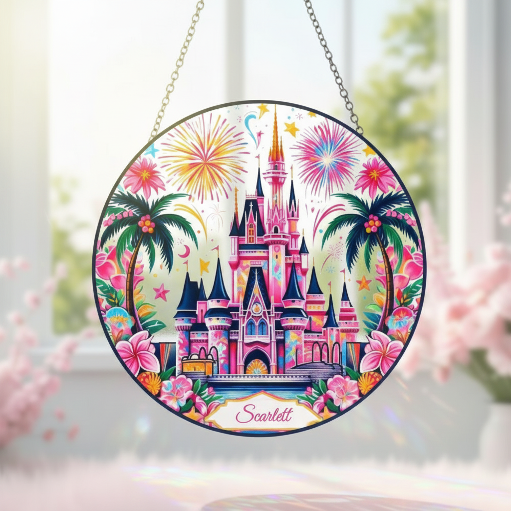 Unique Disney Castle Stained Glass Suncatcher, Magical Fairy Tale Castle Window Hanging, Enchanted Kingdom Gift for Disney Fans & Home Decor