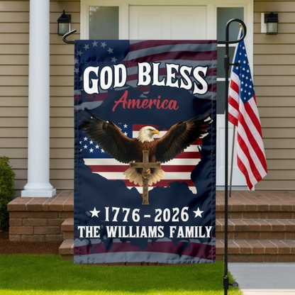 Custom Family Name Patriotic 250th Anniversary God Bless America Eagle 1776–2026 Garden Flag