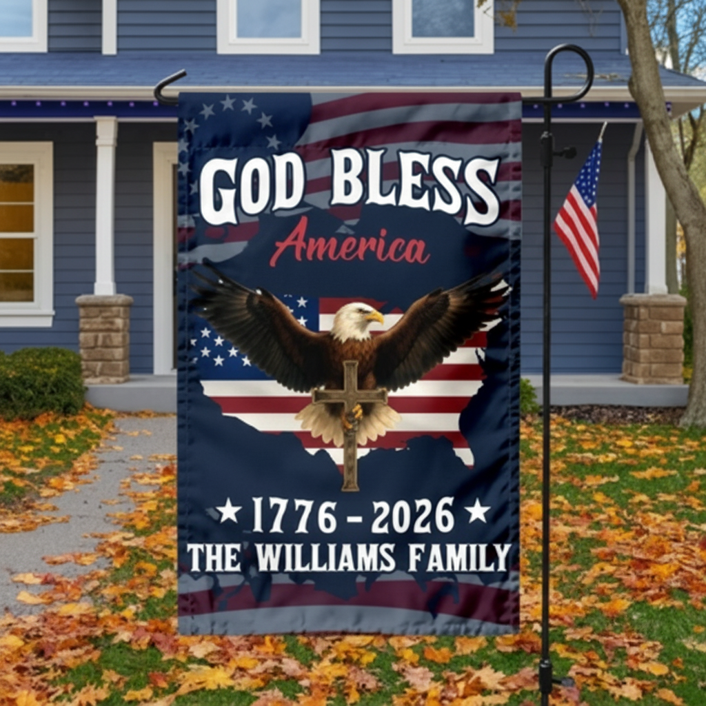 Custom Family Name Patriotic 250th Anniversary God Bless America Eagle 1776–2026 Garden Flag