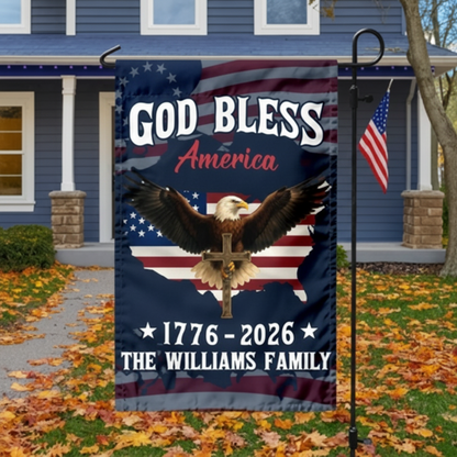 Custom Family Name Patriotic 250th Anniversary God Bless America Eagle 1776–2026 Garden Flag