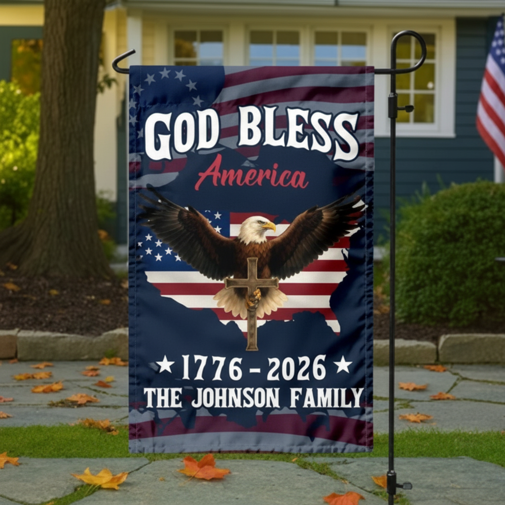 Custom Family Name Patriotic 250th Anniversary God Bless America Eagle 1776–2026 Garden Flag