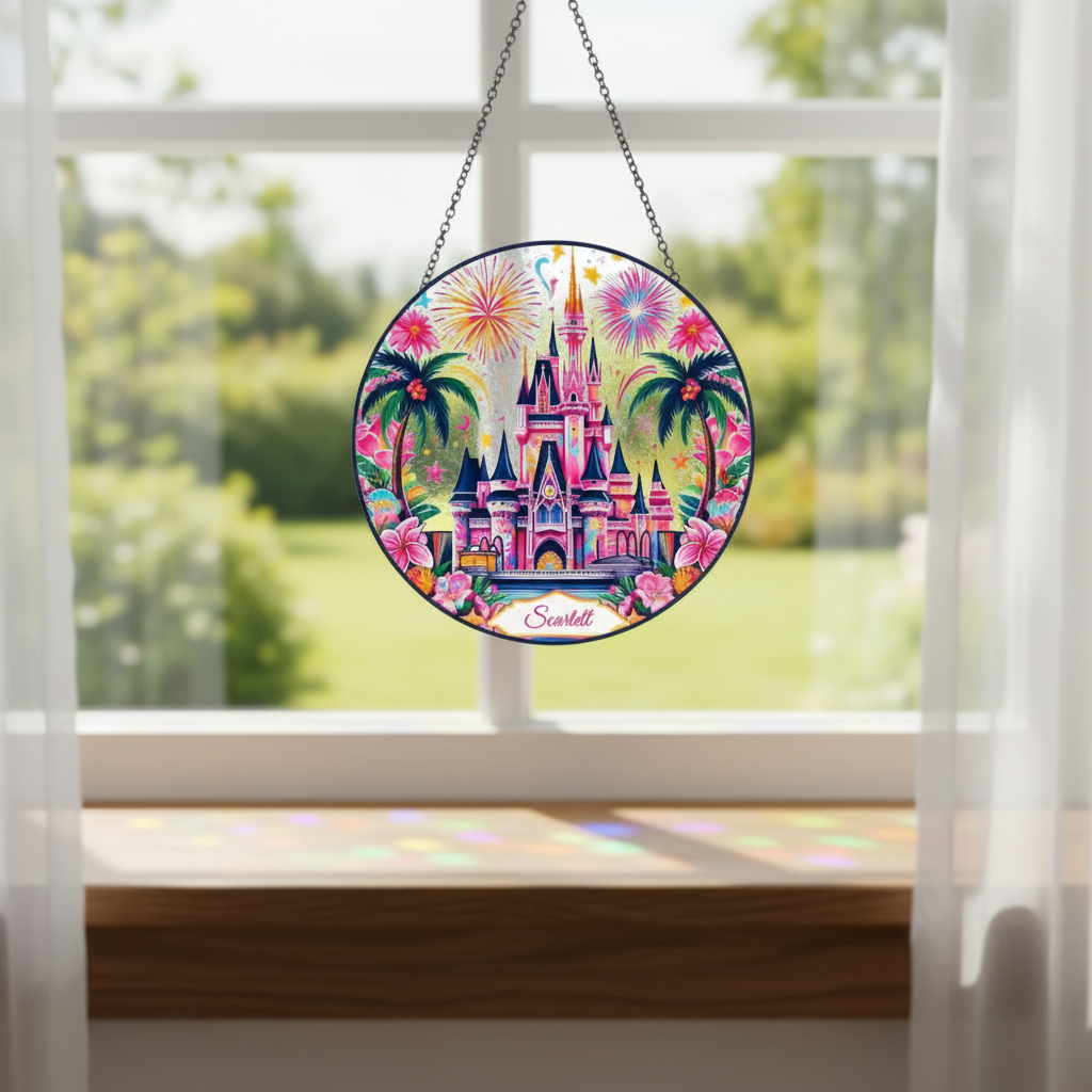 Unique Disney Castle Stained Glass Suncatcher, Magical Fairy Tale Castle Window Hanging, Enchanted Kingdom Gift for Disney Fans & Home Decor
