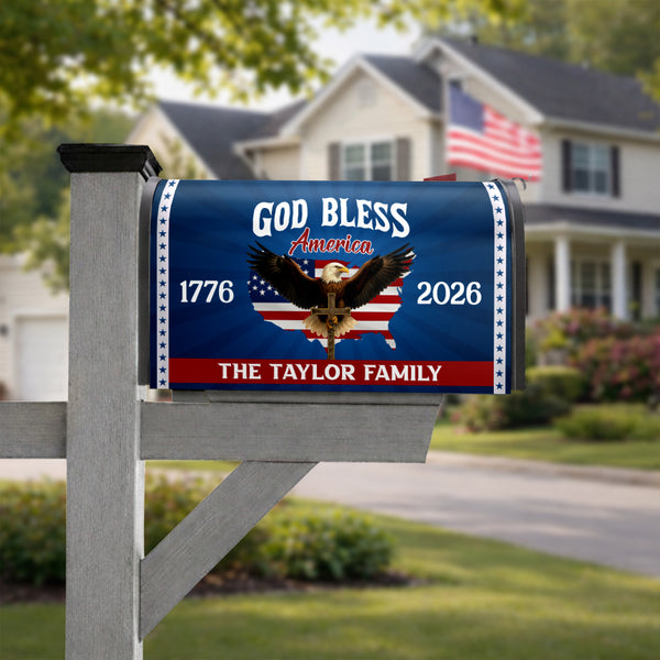 Custom 250th Anniversary God Bless America Eagle 1776–2026 Patriotic Mailbox Cover