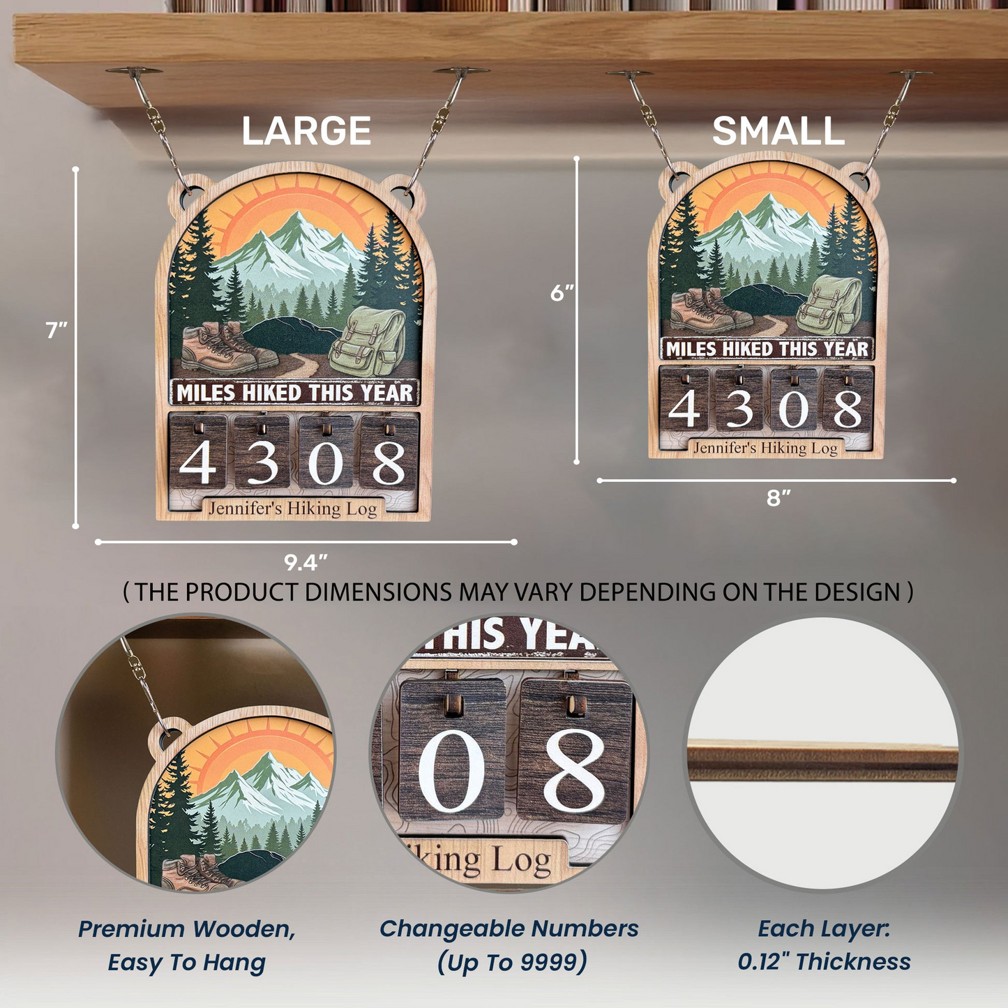Mountain Hiking Log - Personalized Hiking Miles Tracker Sign (3 Digits)