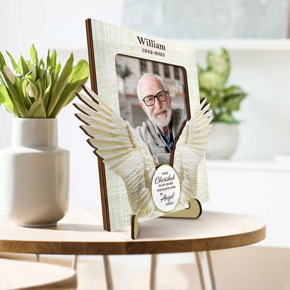 Custom Photo Cherished In Our Hearts Enfolded In Angel Wings - Memorial Gift, Sympathy Gift - Personalized 2-Layered Wooden Plaque With Stand