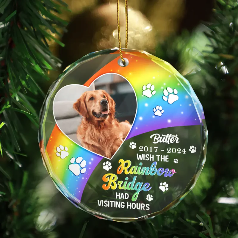 Custom Photo Memorial Dog Cat Pet We Will Meet Again At The Rainbow Bridge - Personalized Circle Glass Ornament