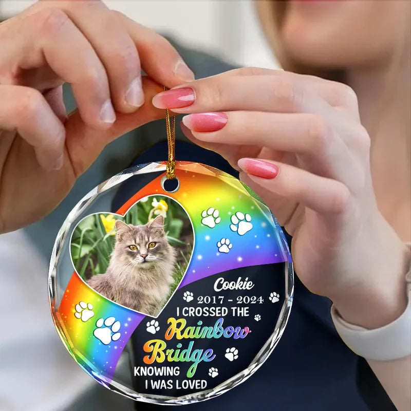 Custom Photo Memorial Dog Cat Pet We Will Meet Again At The Rainbow Bridge - Personalized Circle Glass Ornament
