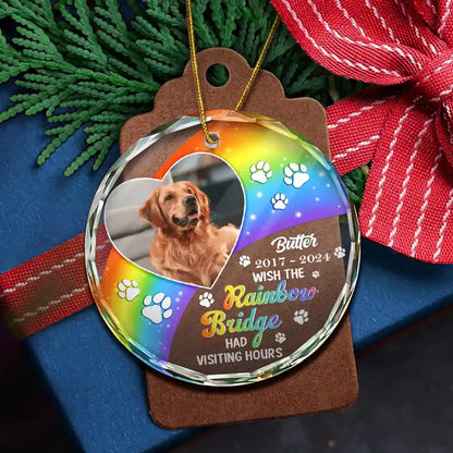 Custom Photo Memorial Dog Cat Pet We Will Meet Again At The Rainbow Bridge - Personalized Circle Glass Ornament