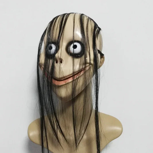 Halloween Horror with Long Hair Cosplay Female Ghost Mask Roleplay MO Masks Funny Mask V-shaped Mouth Mask Party Tricky Toys