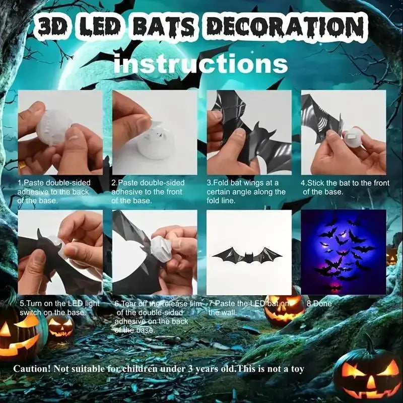 Halloween LED Night Light 3D Stereoscopic Bat Wall Decal PET Material Festival Party Home Wall Decoration Lamp