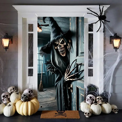 Halloween door decoration, terrifying skeleton monster opens the door, suitable for home, kitchen, porch, garden party