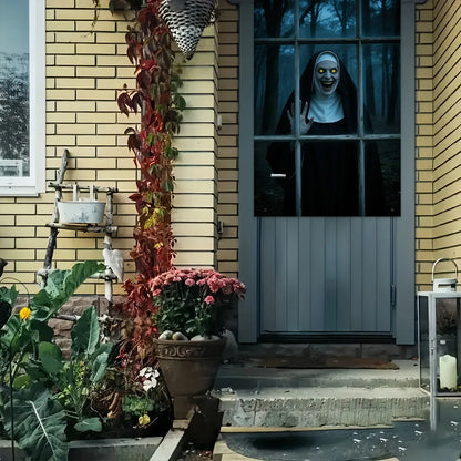 Halloween party banner - Ghost Nun in Dark Forest window design, durable polyester indoor/outdoor decoration haunted house