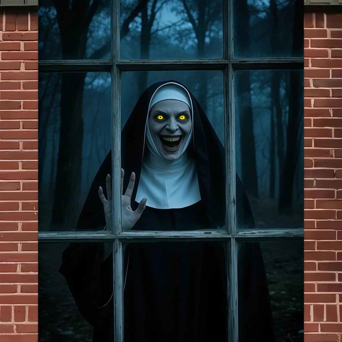 Halloween party banner - Ghost Nun in Dark Forest window design, durable polyester indoor/outdoor decoration haunted house