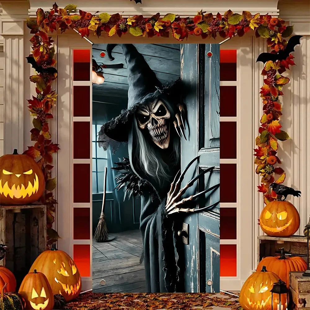 Halloween door decoration, terrifying skeleton monster opens the door, suitable for home, kitchen, porch, garden party