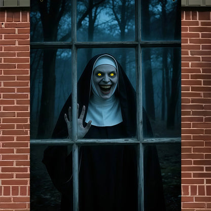 Halloween party banner - Ghost Nun in Dark Forest window design, durable polyester indoor/outdoor decoration haunted house