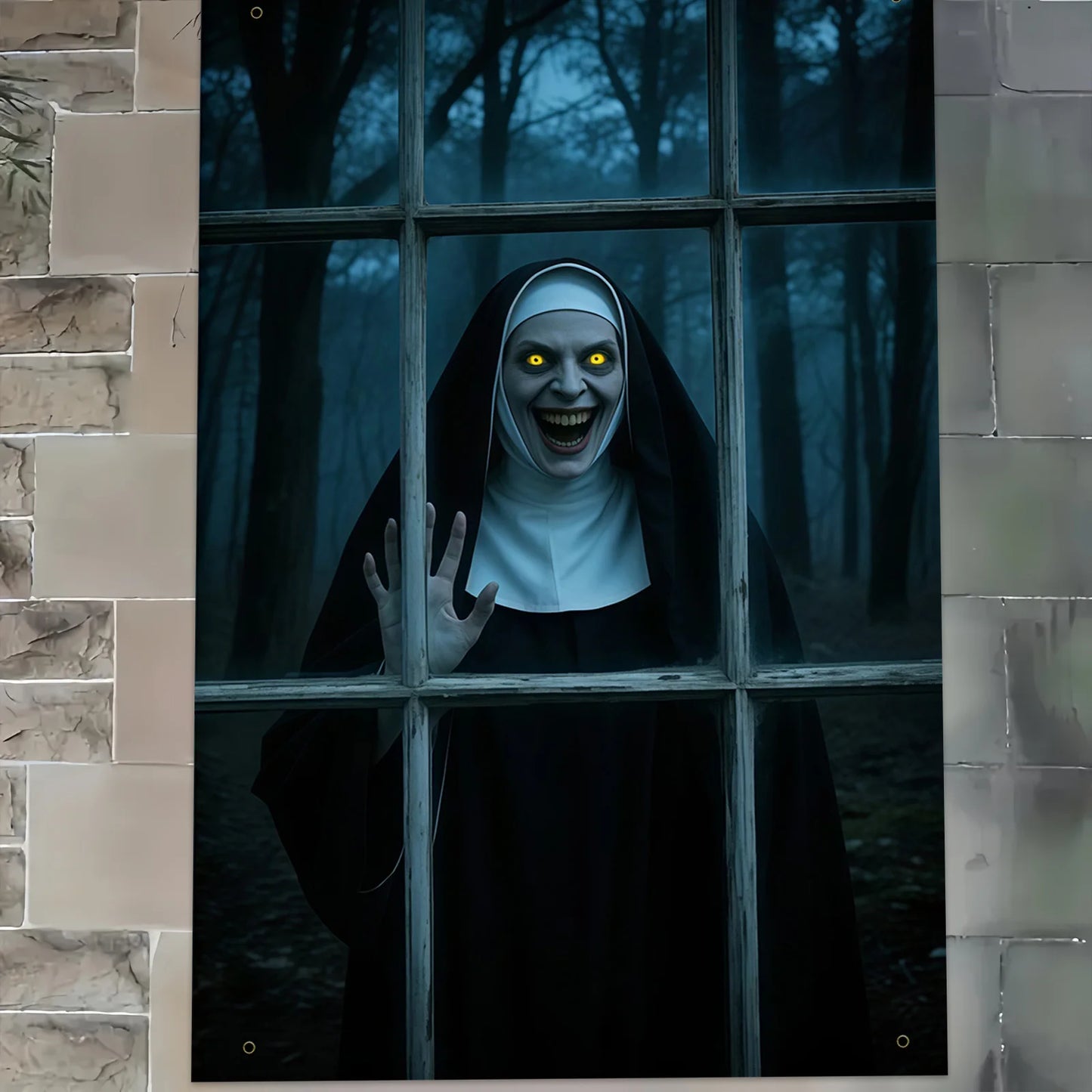 Halloween party banner - Ghost Nun in Dark Forest window design, durable polyester indoor/outdoor decoration haunted house