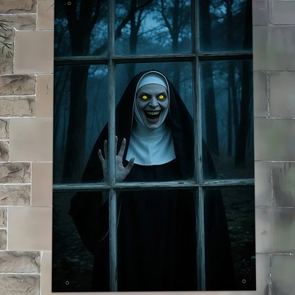 Halloween party banner - Ghost Nun in Dark Forest window design, durable polyester indoor/outdoor decoration haunted house