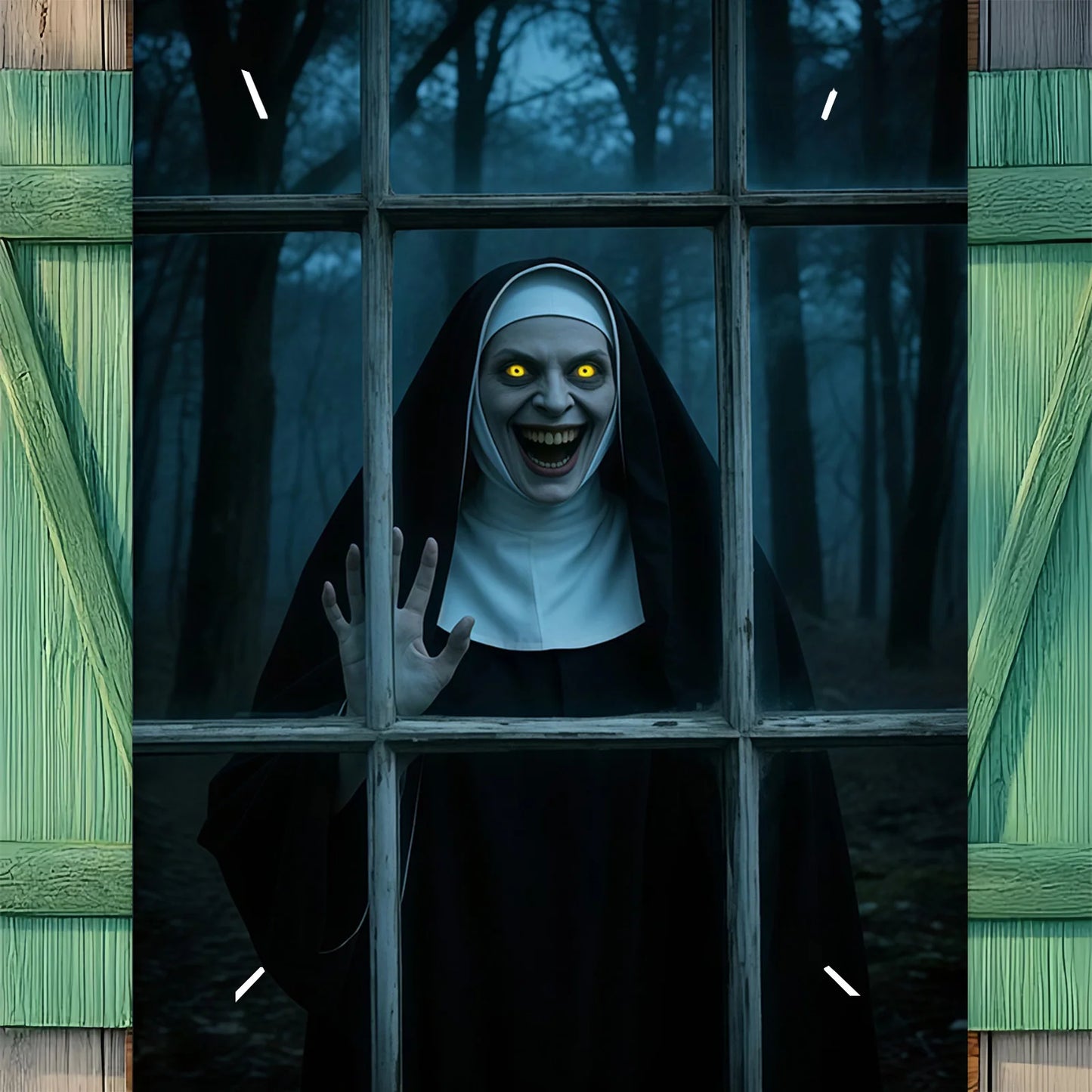 Halloween party banner - Ghost Nun in Dark Forest window design, durable polyester indoor/outdoor decoration haunted house
