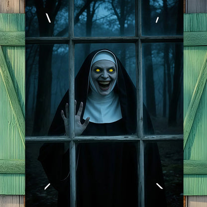 Halloween party banner - Ghost Nun in Dark Forest window design, durable polyester indoor/outdoor decoration haunted house