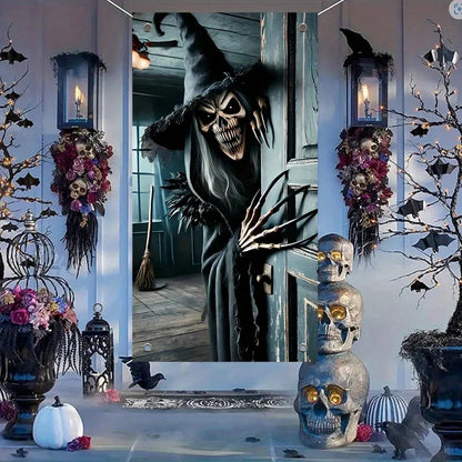 Halloween door decoration, terrifying skeleton monster opens the door, suitable for home, kitchen, porch, garden party