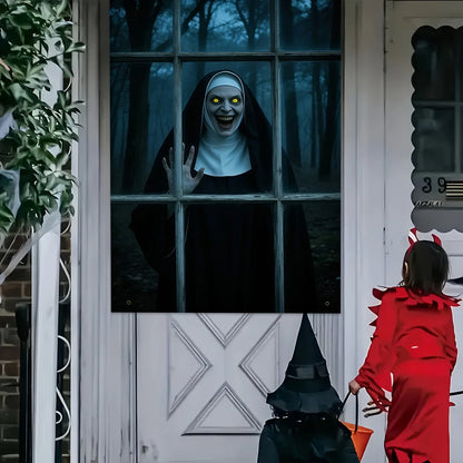 Halloween party banner - Ghost Nun in Dark Forest window design, durable polyester indoor/outdoor decoration haunted house