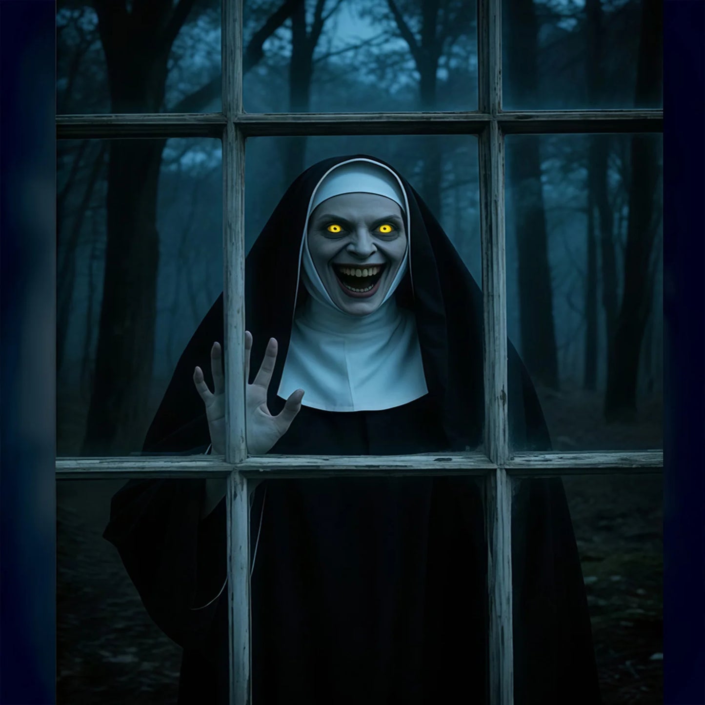 Halloween party banner - Ghost Nun in Dark Forest window design, durable polyester indoor/outdoor decoration haunted house