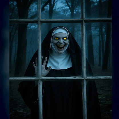 Halloween party banner - Ghost Nun in Dark Forest window design, durable polyester indoor/outdoor decoration haunted house