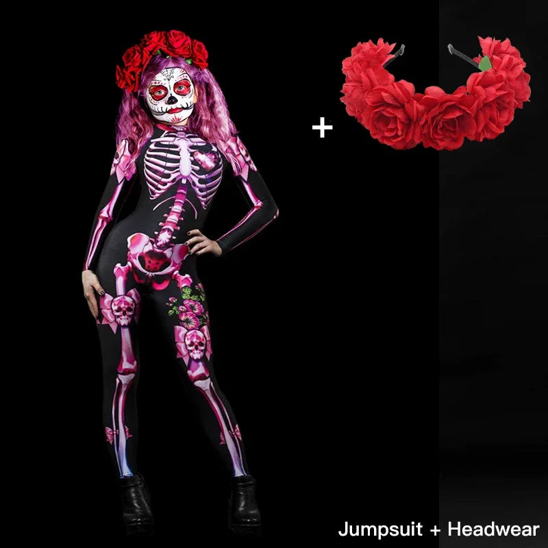 Halloween Costume Scary Cosplay Adult Rose Skeleton Scary Sex Jumpsuit Carnival Party Women Girl Fright Set Day of The Dead
