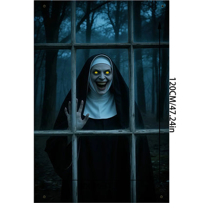 Halloween party banner - Ghost Nun in Dark Forest window design, durable polyester indoor/outdoor decoration haunted house