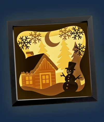3D Winter Cabin Papercut Frame Picture with Snowman – Perfect Christmas Gift, Holiday Home Décor