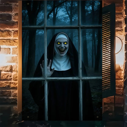 Halloween party banner - Ghost Nun in Dark Forest window design, durable polyester indoor/outdoor decoration haunted house