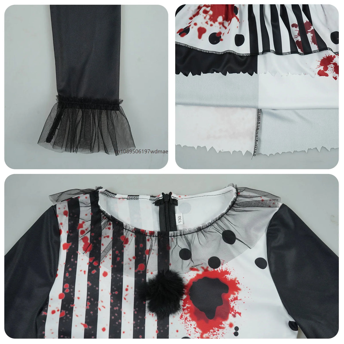 Halloween Horror Clown Cosplay Costume Black‑White Blood Splatter Dress Scary Circus Fancy Dress Up Outfit With Socks Headwear