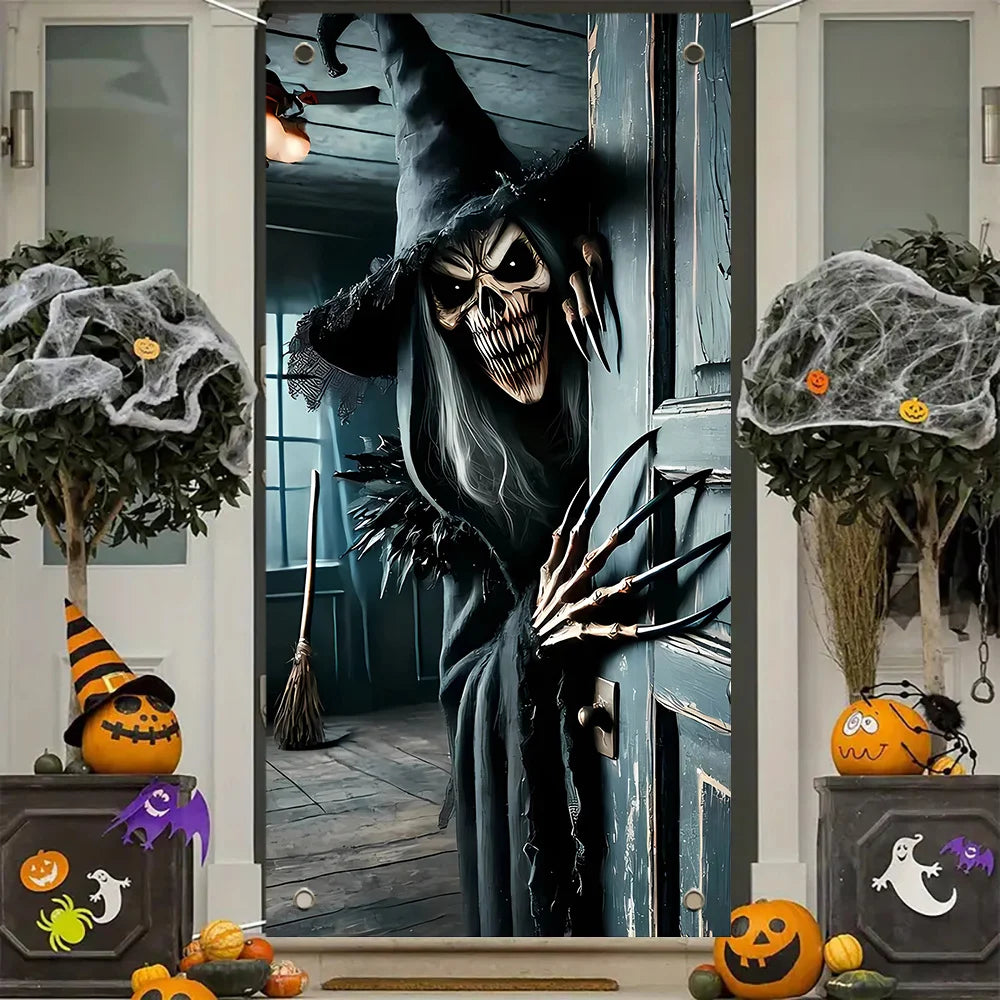 Halloween door decoration, terrifying skeleton monster opens the door, suitable for home, kitchen, porch, garden party