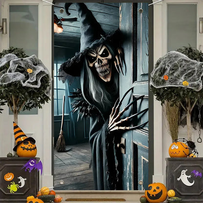 Halloween door decoration, terrifying skeleton monster opens the door, suitable for home, kitchen, porch, garden party