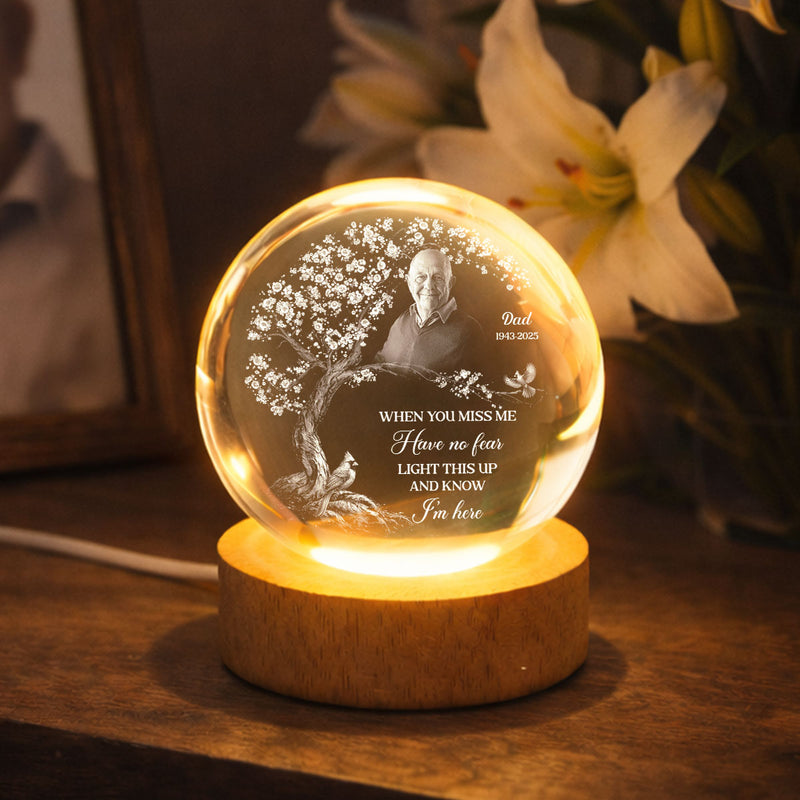 When You Miss Me Upload Photo Memorial - Personalized Crystal Ball LED Night Light - Memorial Sympathy Gift