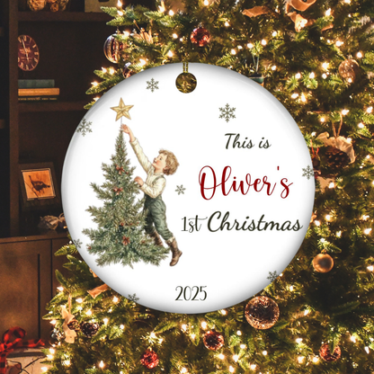 Vintage Style Baby’s Christmas Ceramic Ornament – Personalized Name|3"