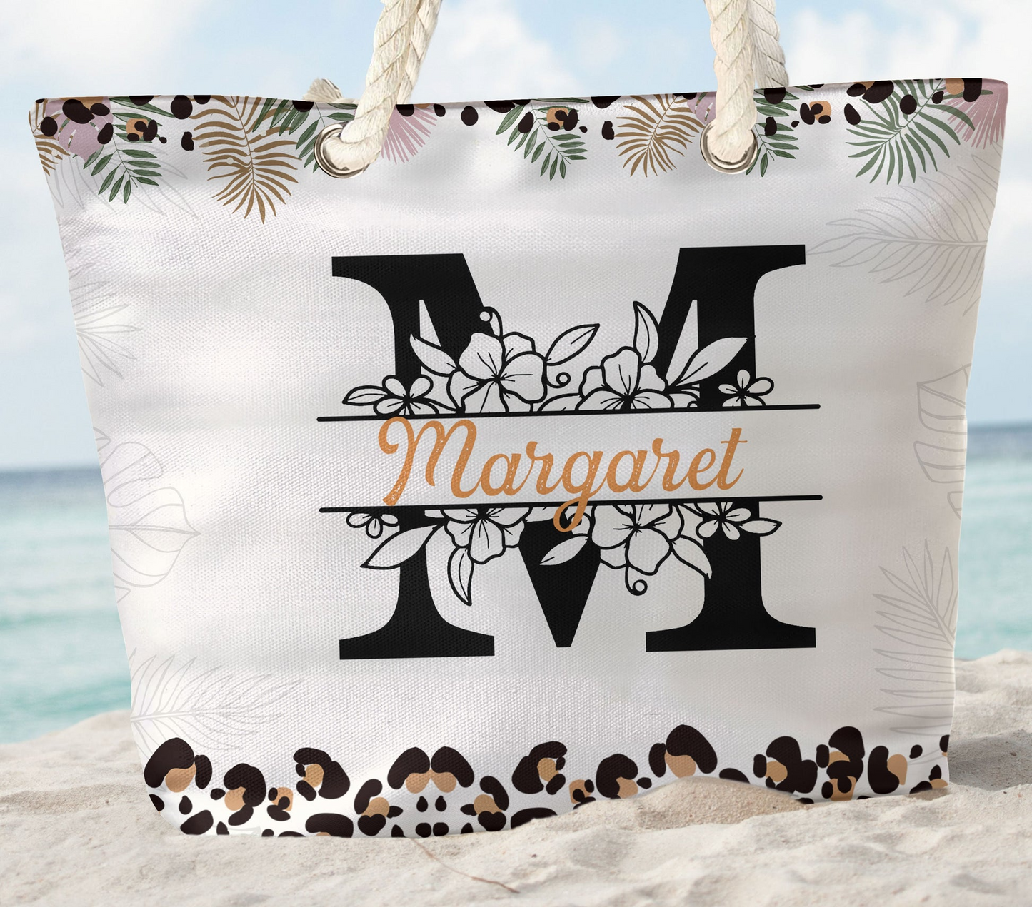 Tropical Skull & Monogram Letter - Personalized Beach Bag